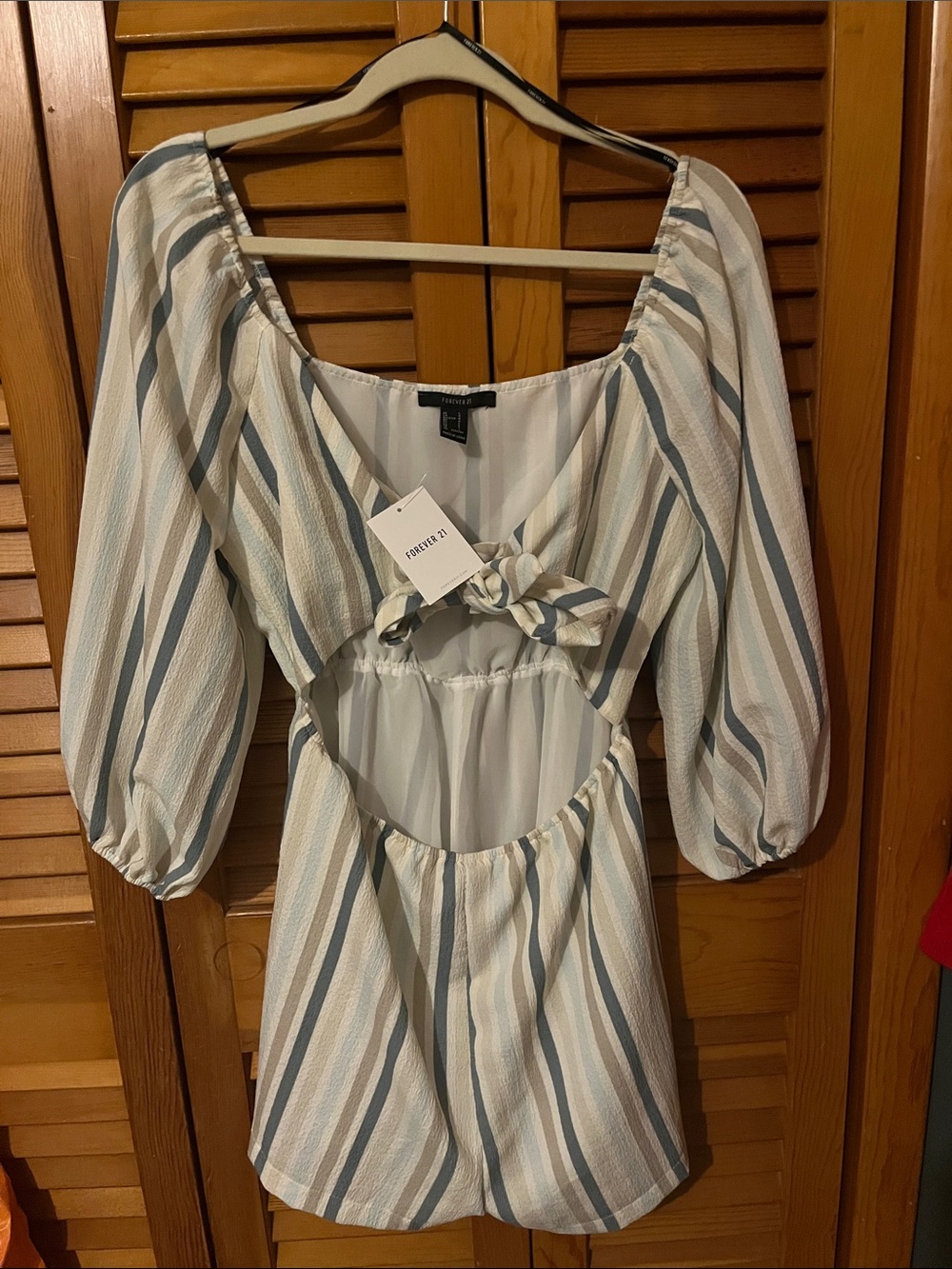 Forever 21 Blue and Cream Striped Tie-Front Romper